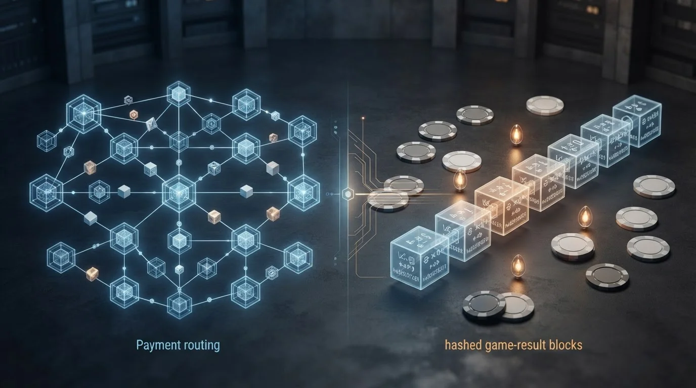 A blockchain network diagram beside hashed game-result blocks and casino chips
