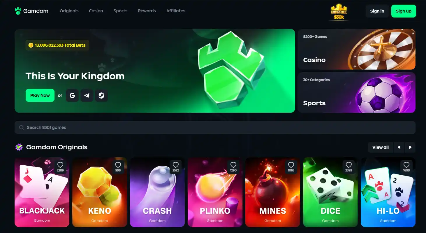 Gamdom homepage with casino navigation and the public game lobby