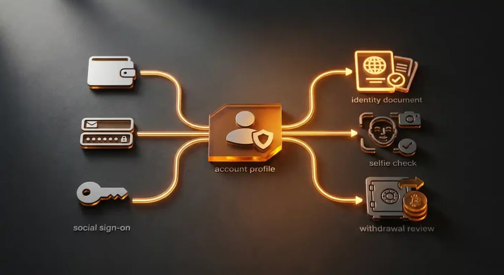 Abstract account onboarding path leading from sign-in choices to identity and withdrawal checkpoints