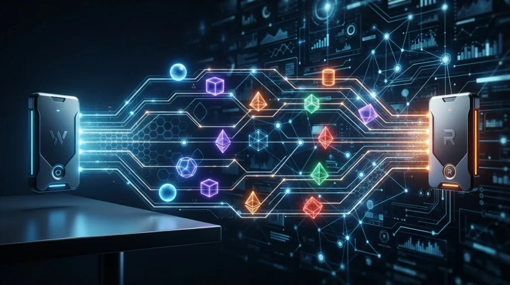 Multiple crypto tokens moving through separate blockchain network paths between two wallets
