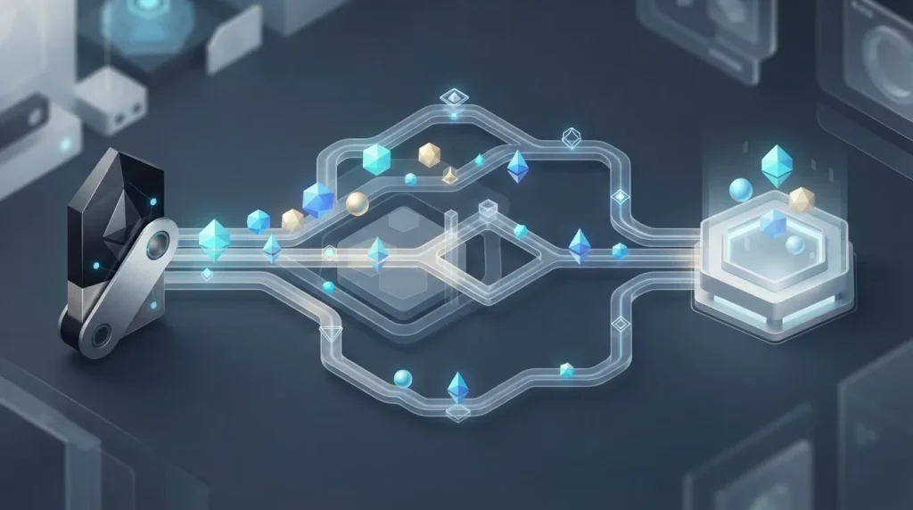 Crypto wallet sending tokens through several blockchain routes toward a casino account