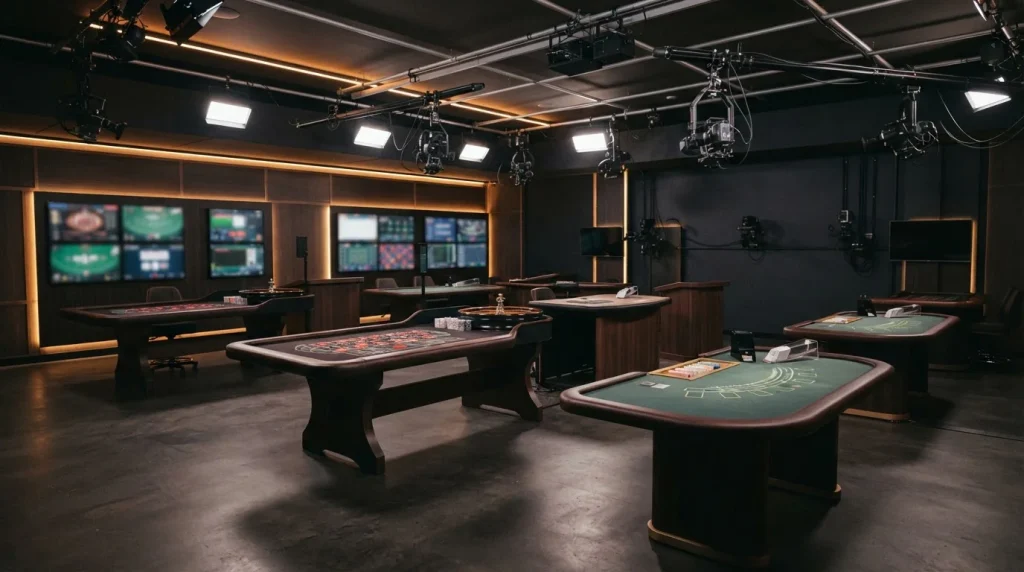 Stylized live casino studio with illuminated tables, cameras and card equipment