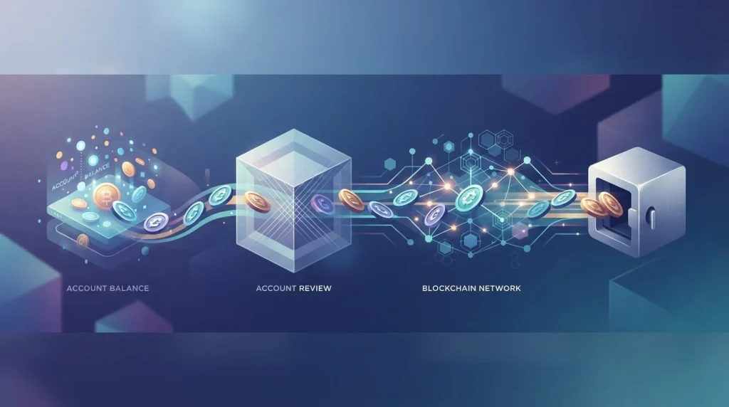 Crypto funds moving from a casino balance through account checks and a blockchain network to a personal wallet